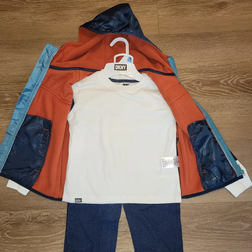 DKNY Boys’ 3 Piece Set Layered Jeans Shirt Vest Hoodie Shirt Size 5 New